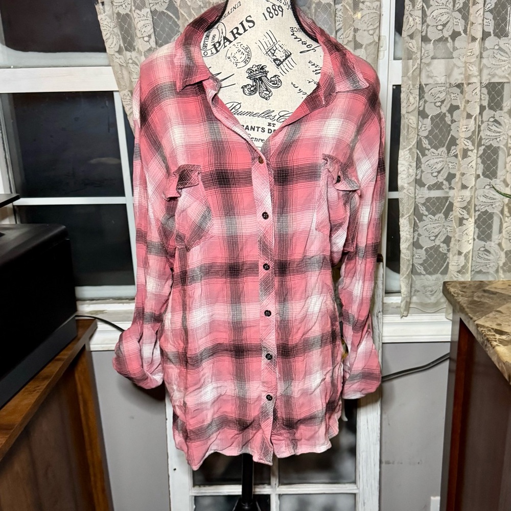 Warehouse Pink Black Long Sleeve Button Down Shirt